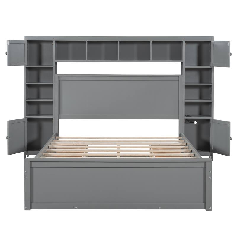 Grey Queen Wooden Bed with Built-In Storage Cabinet, Shelf, Drawers, and USB Ports