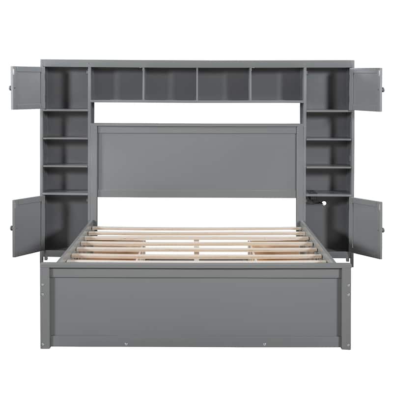 Queen Size Wooden Bed With All-in-One Cabinet, Shelf and Sockets