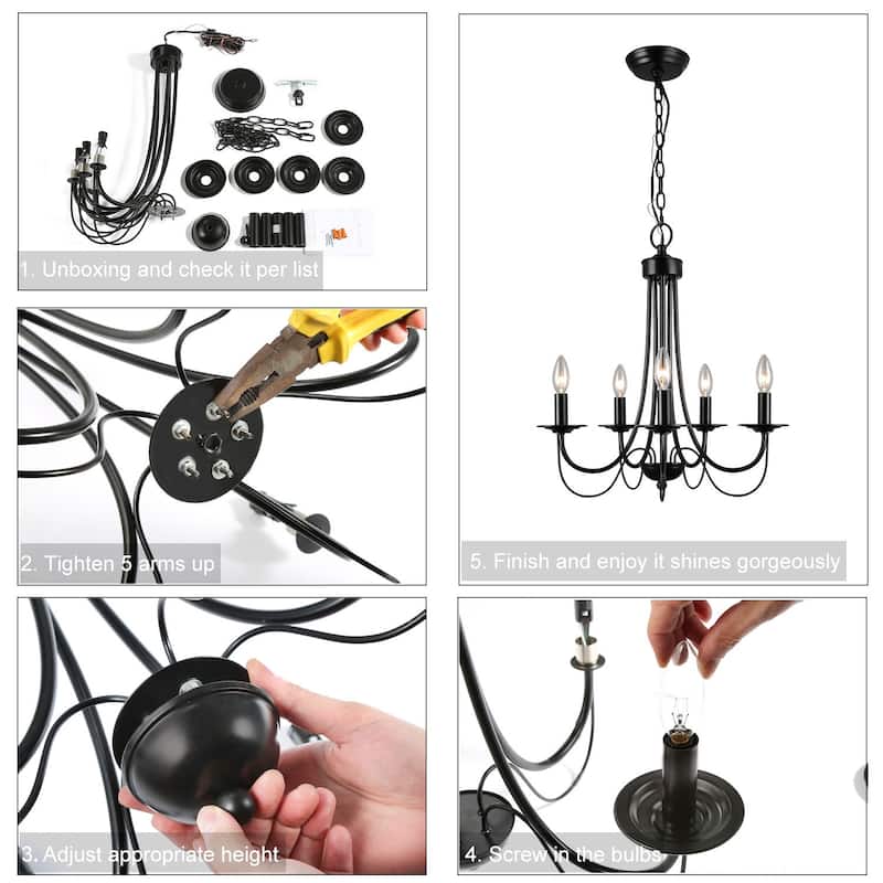 Modern Black 5-Light French Country Chandelier Light for Dining Room - W 18.5"x H 23.5"