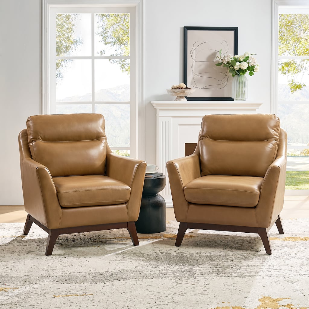 Latinus Mordern Genuine Leather Armchair with Solid Wood Legs Set of 2 by HULALA HOME