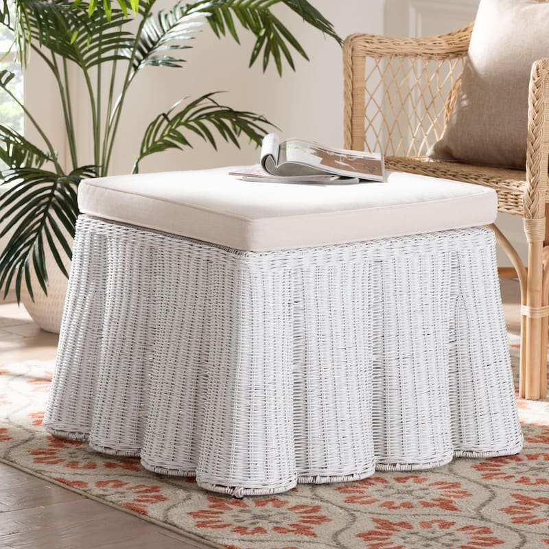 Palm Scallop Natural Rattan Ottoman with Cushion – Handwoven Wicker Accent Bench or Footrest for Living Room or Sunroom, Square