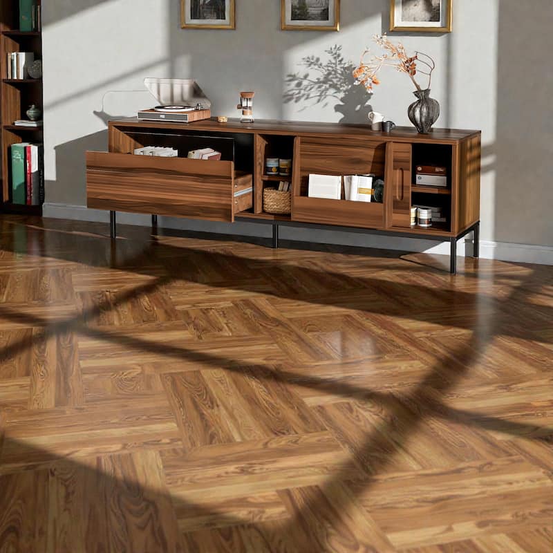 70.8'' Mid Century Modern TV Stand for 75'' TVs, Walnut Media Console with Sliding Doors, Drawer, Adjustable Shelves