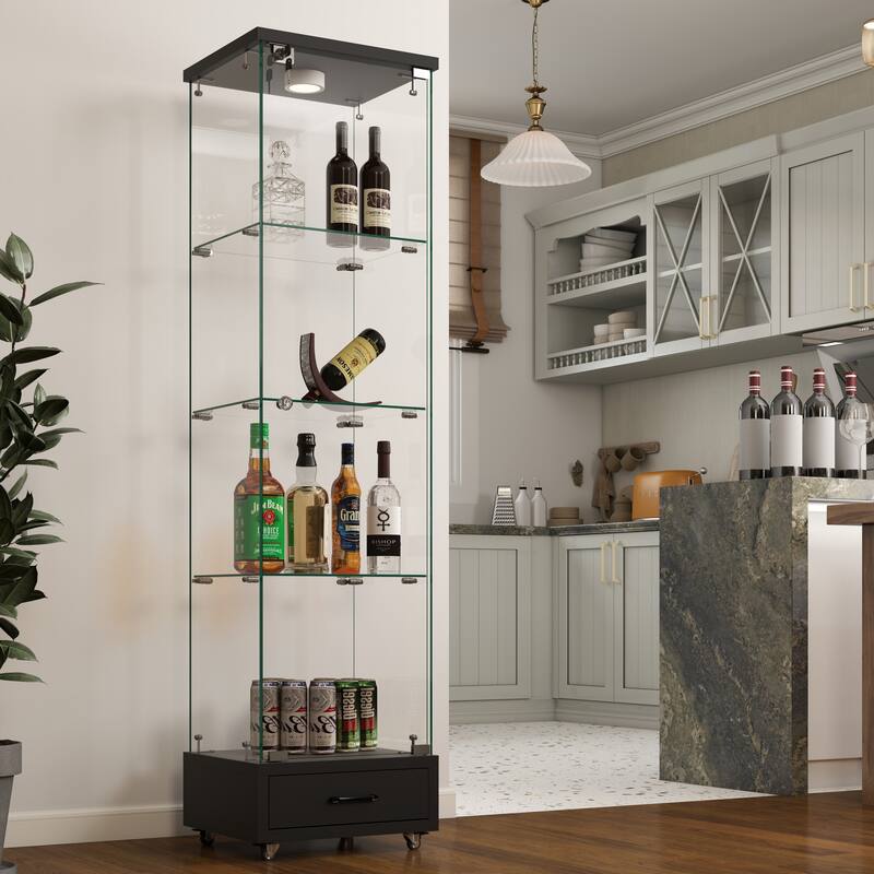 Glass Display Cabinet With Drawer,Cabinet With Led Lights,Tempered Glass Bookshelf, 1-Door Storage Case With 4 Shelves