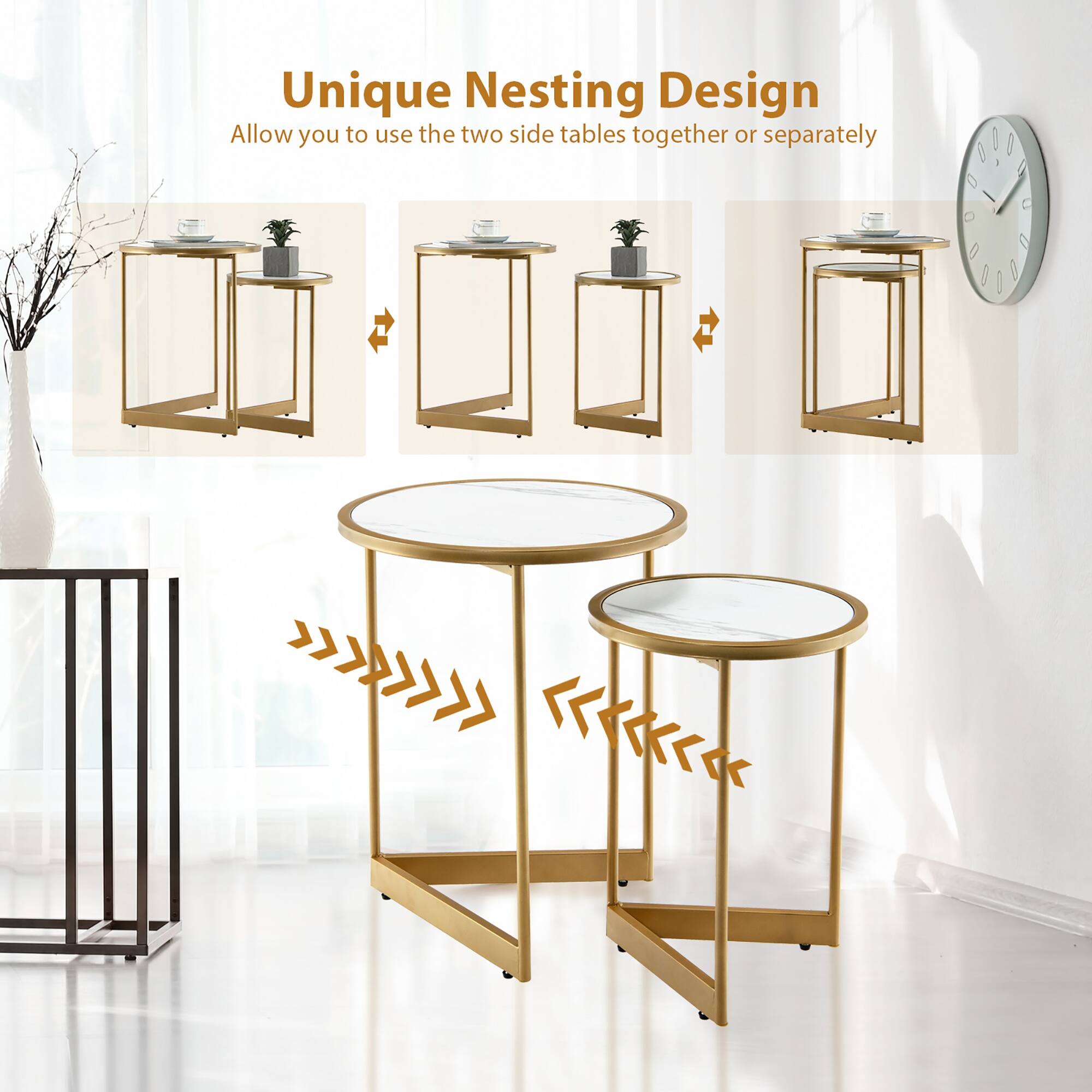 Set of 2 Round Nesting Table Modern Marble Texture Coffee Tables Bed