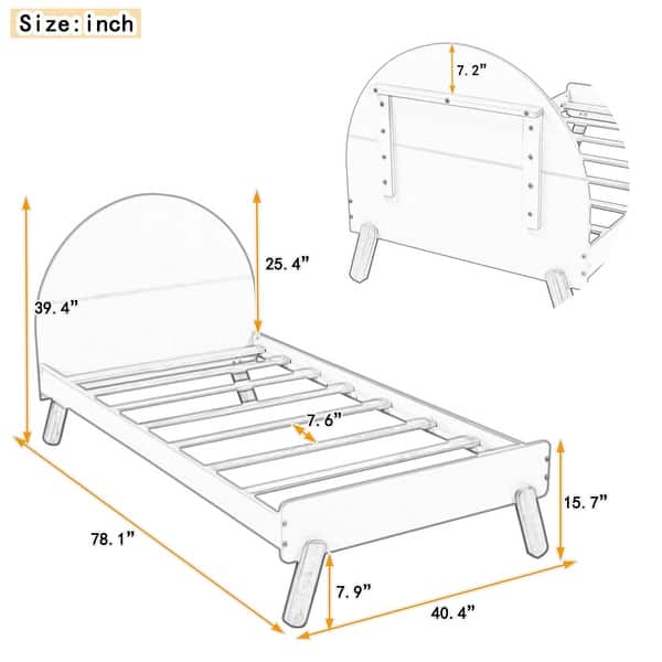dimension image slide 1 of 2, Wooden Cute Platform Bed with Curved Headboard, Twin Size Bed with Shelf Behind Headboard