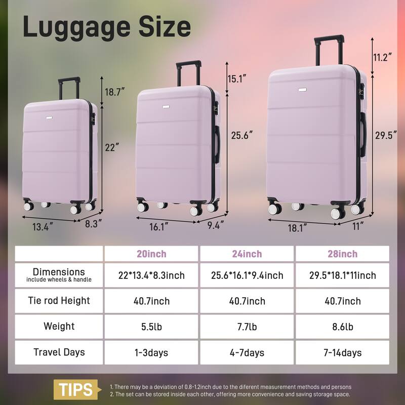 Hardshell Lightweight Luggage Sets 3 Piece Double Spinner Wheels Suitcase with Handle Password Lock, 20"+24"+28" Luggages