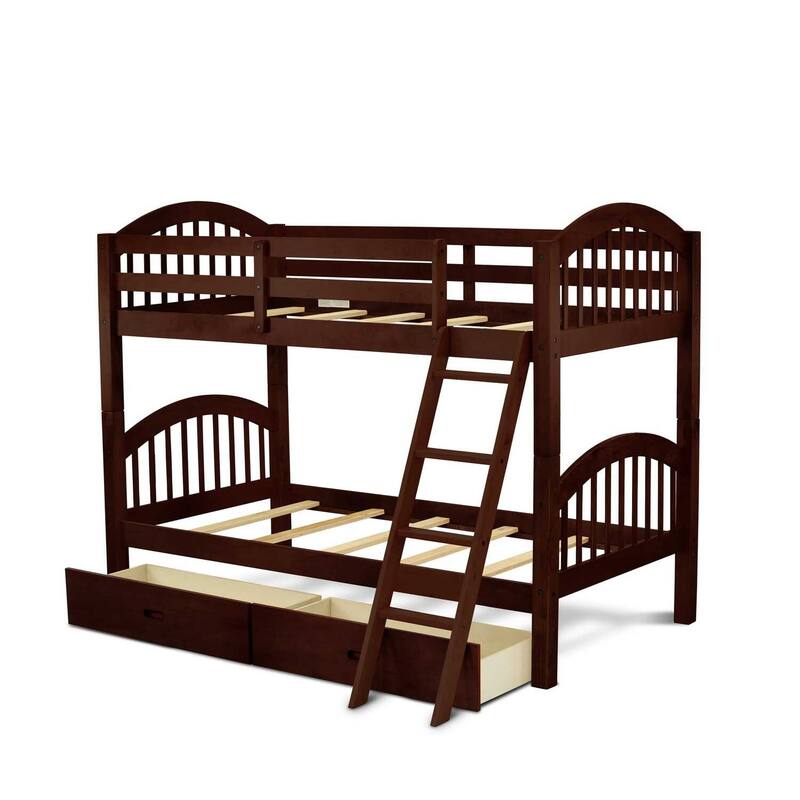 Twin Bunk Beds With Drawers & Ladder - Space Saving Wood Bunk Bed Frame - Java Finish
