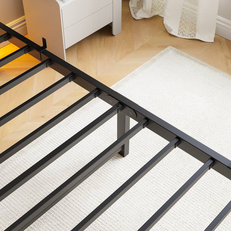 Modern Metal Bed with Wooden Headboard, RGB Lights & Storage Shelf