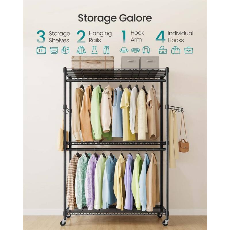Black Adjustable Garment Rack with Hanging Rails and Shelves Hooks Wheels Heavy-Duty Steel Frame