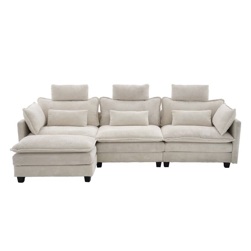 Modern Cream Corduroy 4-Seater Sectional Sofa with Adjustable Headrests, Pocket Spring Seats & Chaise Lounge