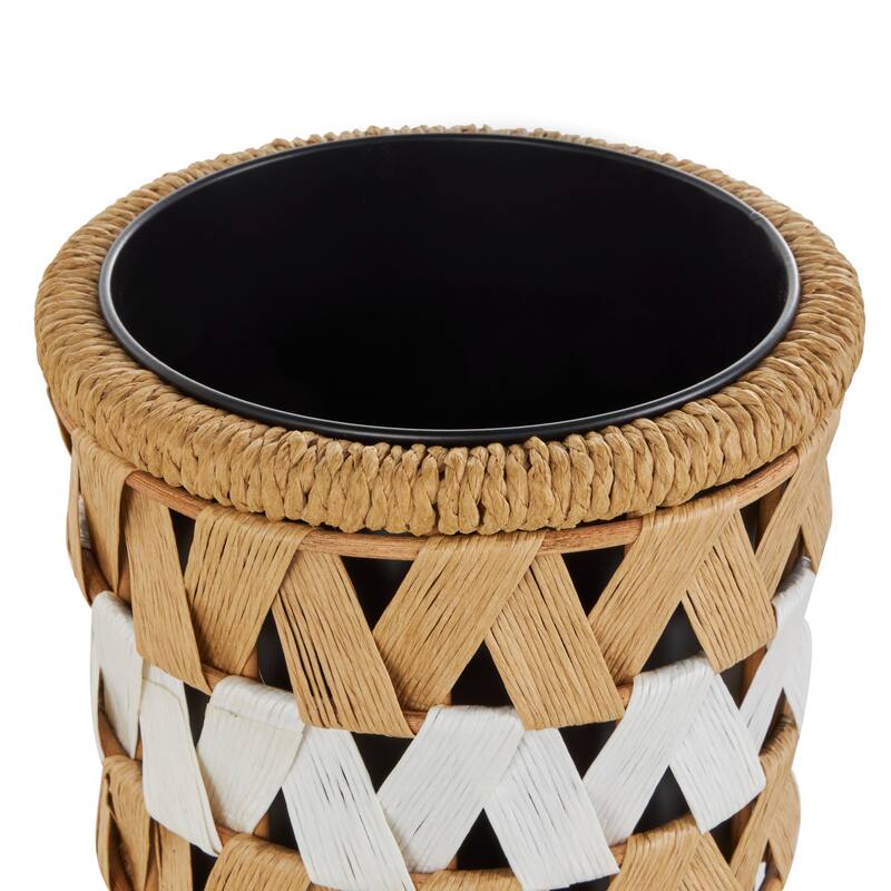 Brown Jute Rope Handmade Woven Chevron Geometric Indoor Planter with Black Metal Pots and Wooden Legs (Set of 2)