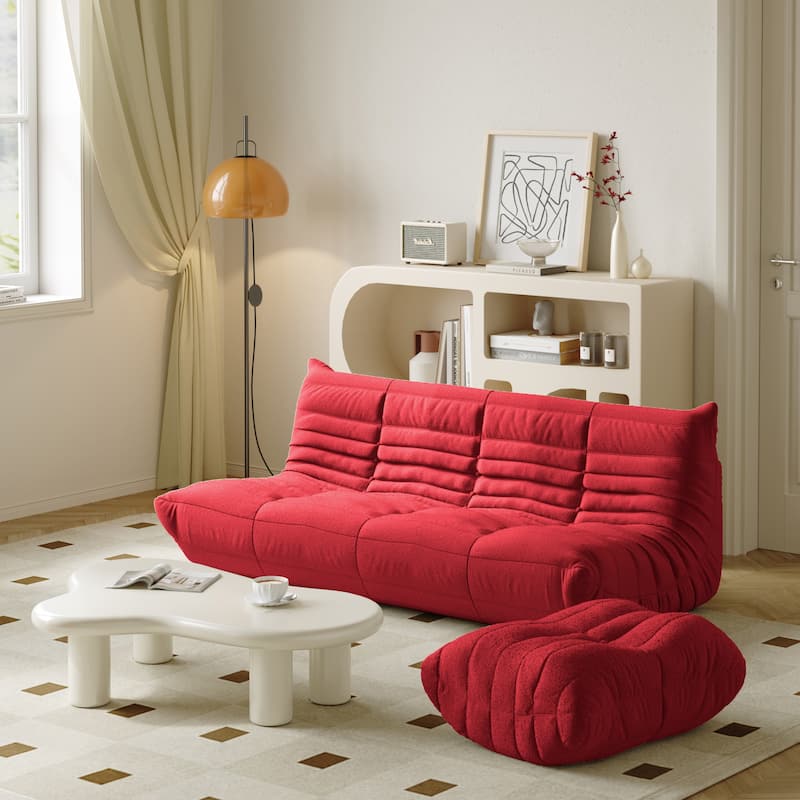 3 Seats Comfy Lazy Floor Sofa Couch with Ottoman - Red