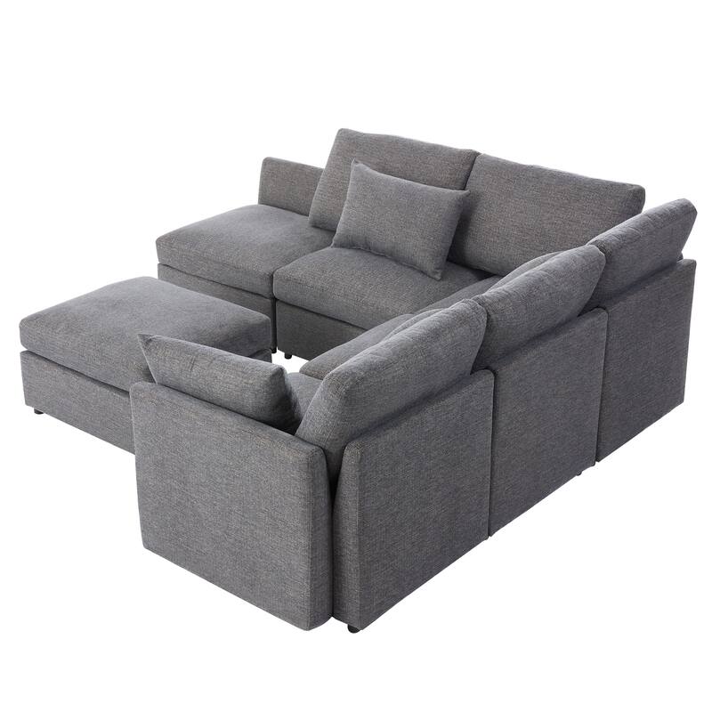 L-Shaped Modular Sectional Sofa Convertible U-Shaped Sofa Bed with Movable Ottoman and 2 USB Ports, 2 Pillows, Chenille 5 Seat