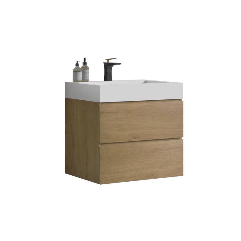 24" Floating Bathroom Vanity in Natural Oak with Handle-Free Design, Black Sink, and Silent Soft-Close Drawers