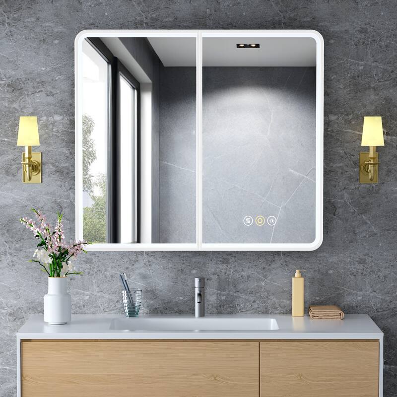 Aris Recessed/Surface Mount Bathroom Medicine Cabinet with Mirror and Lights, Dimmable, Adjustable Shelves, Fast Defogging