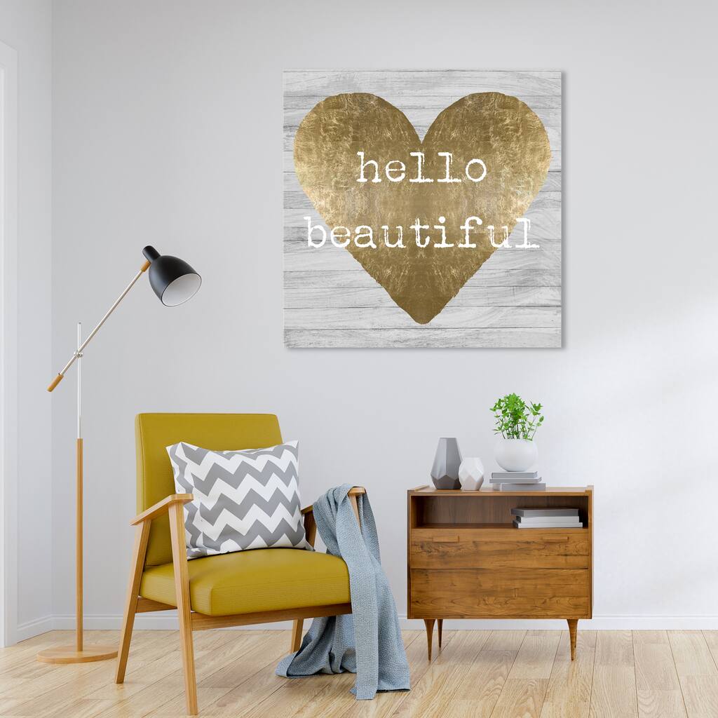 Wynwood Studio 'Hello Beautiful' Fashion and Glam Wall Art Canvas Print Hearts - Gold, Gray