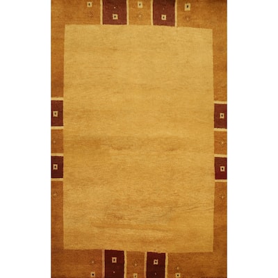 Hand Knotted Oriental 100% Wool Carpet Modern Geometric Yellow & Gold Gabbeh Area Rug - 7' 9'' X 5' 9''
