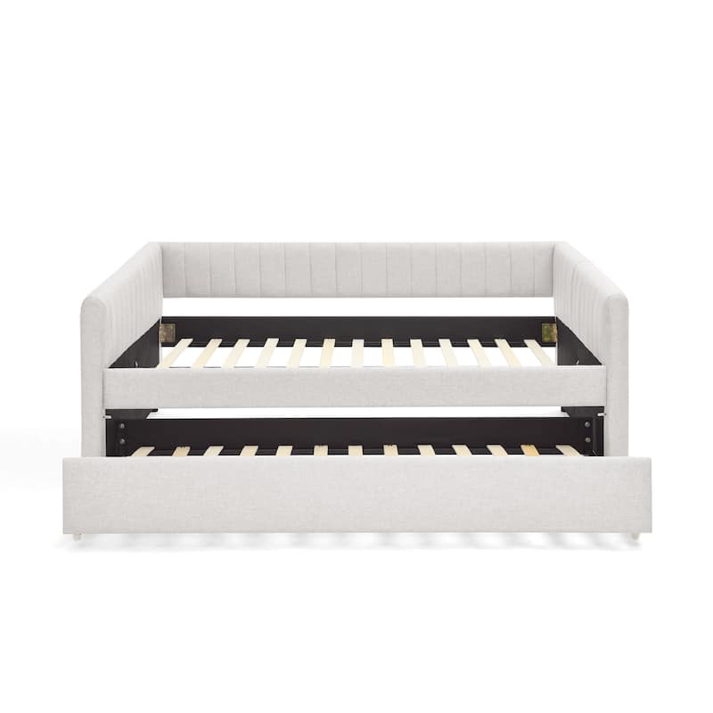 Full Size Daybed with Trundle Upholstered Sofa Bed, with Vertical Stripes, Linen Fabric, Beige (82.5"x58"x30")