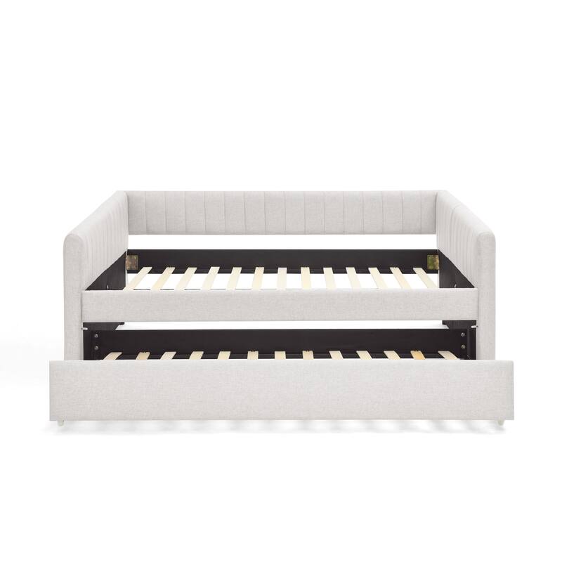 Full Size Upholstered Daybed with Trundle, Linen Fabric, Beige, Vertical Stripes Design