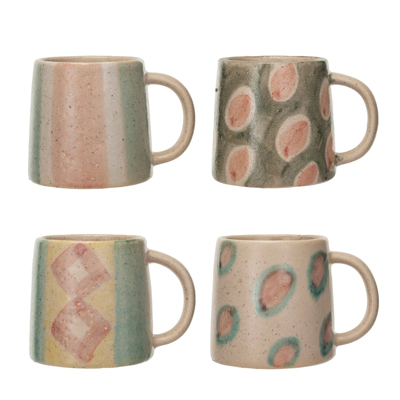 Terra-cotta Mug Set with 4 Styles - 6.0"L x 4.3"W x 4.3"H - 4 Piece - Multi - 6.0"L x 4.3"W x 4.3"H