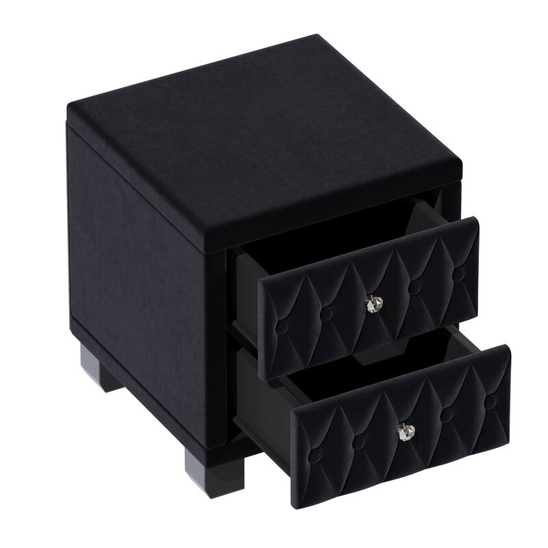 Elegant Velvet 2-Drawer Nightstand with Crystal Handles - Button-Tufted Storage Bedside Table (Black) - Black