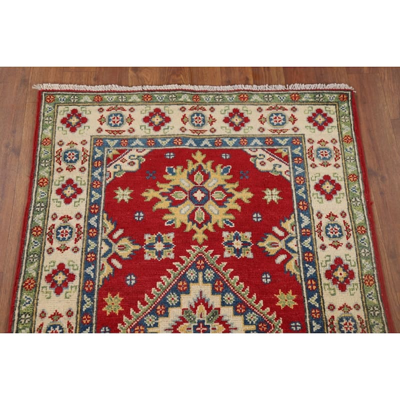 Red Geometric Kazak Foyer Rug Handmade Traditional Wool Carpet - 2'10" x 4'1"