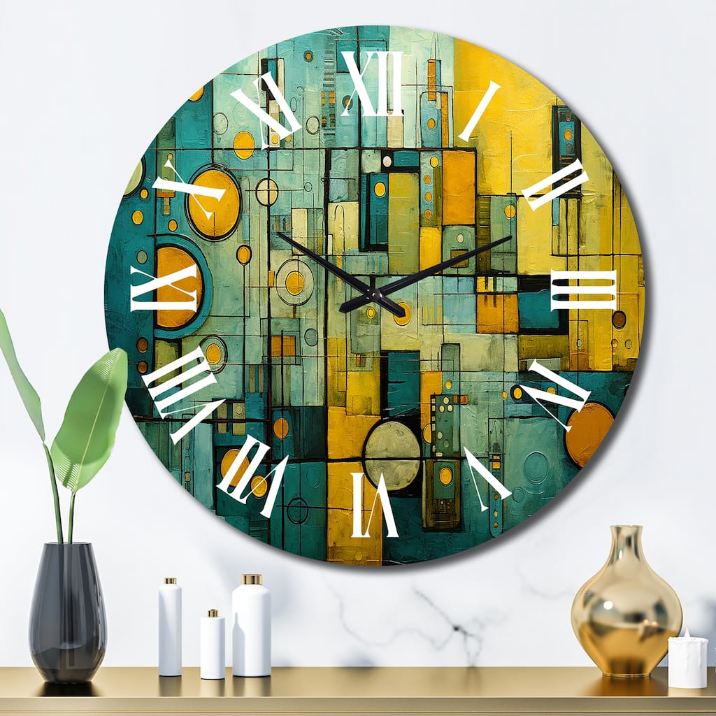 Designart "Smooth Inner Fire Retro Geometric Collage" Abstract Painting Oversized Wall Clock