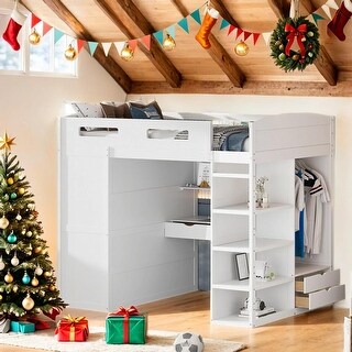 Full Size Loft Bed with Built-In Desk with Top Shelf, Wardrobes, Left-Side Storage and 4 Drawers and 4 Shelves-White