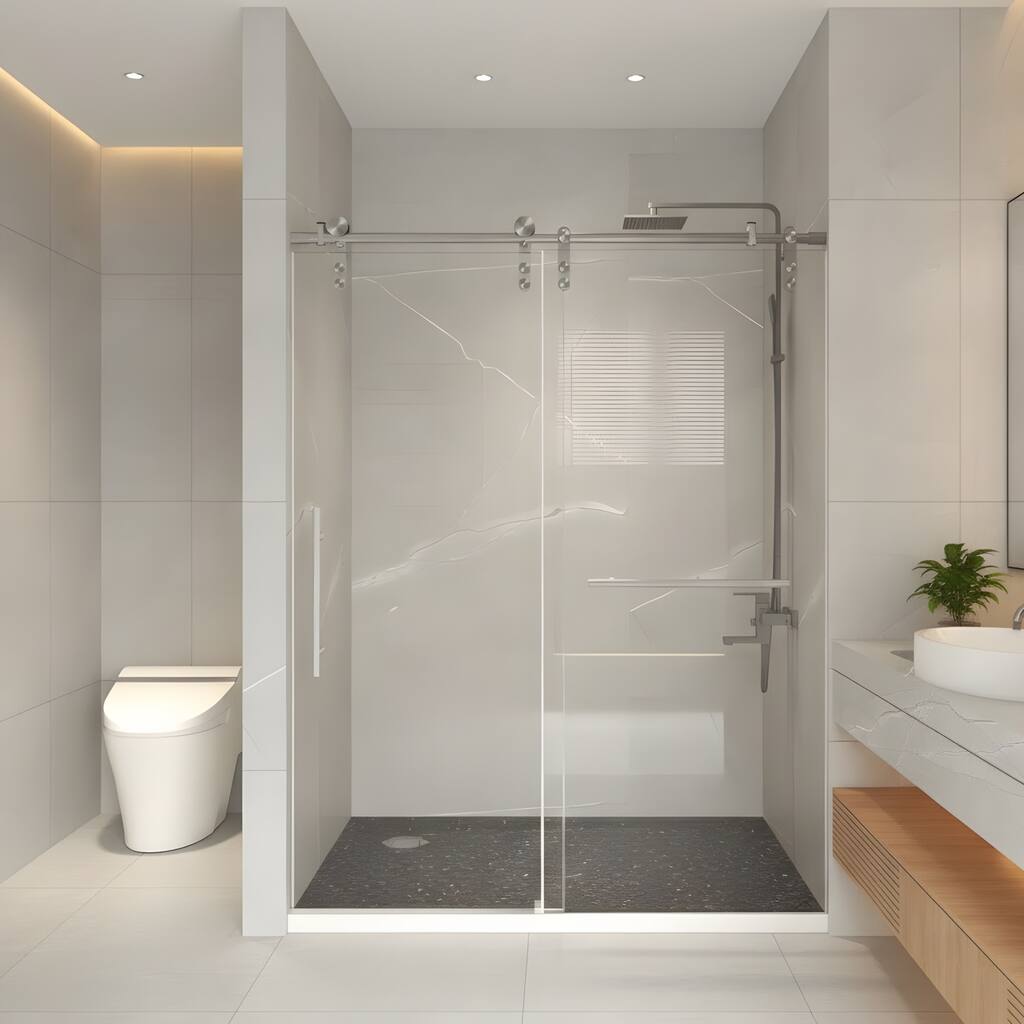 Frameless sliding shower door, 5/16-inch (8 mm) clear tempered glass, stainless steel frame