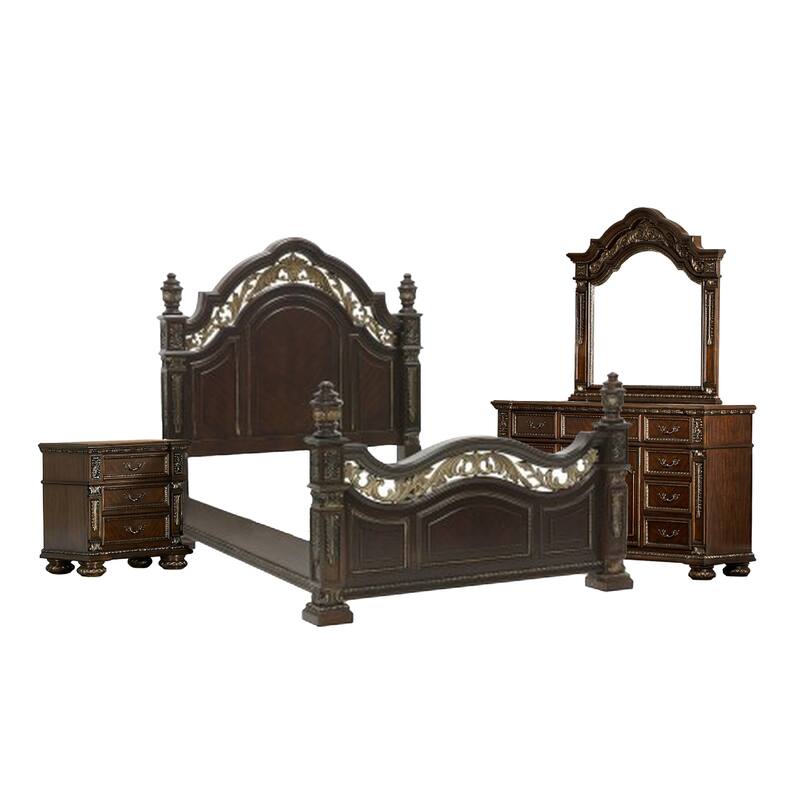 Lumi Four Pc Queen Bedroom Set, Gold Scrollwork, Acanthus Leaf Carving, Cherry Brown