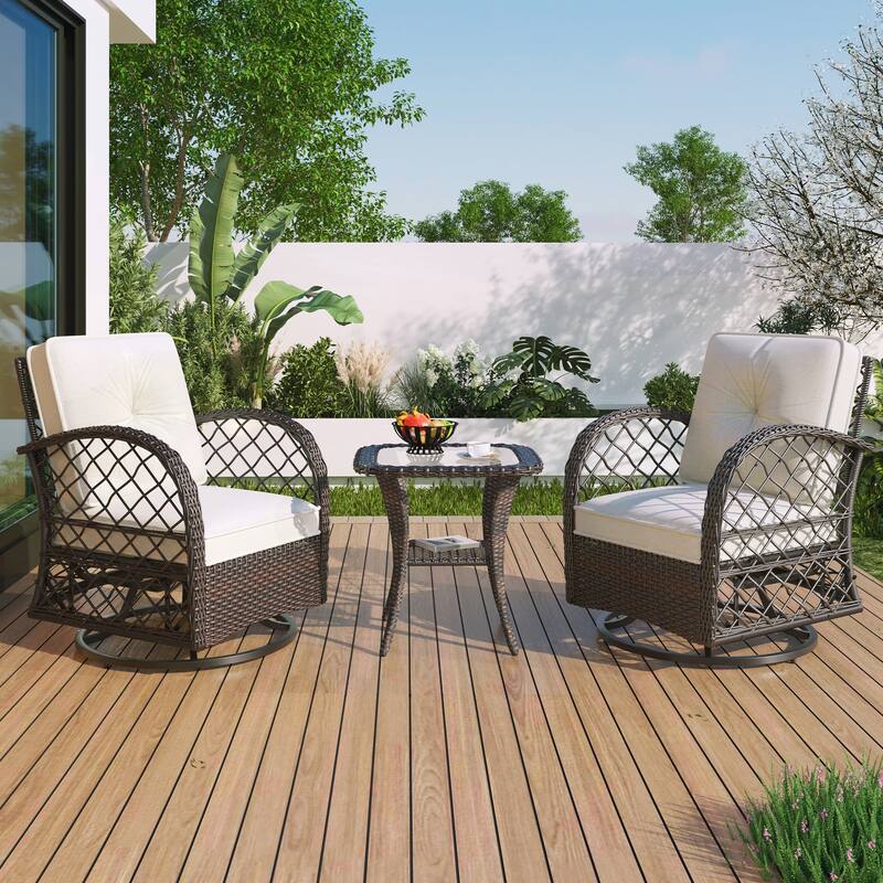 3PCS Rattan Swivel Chair and Table Set - Espresso