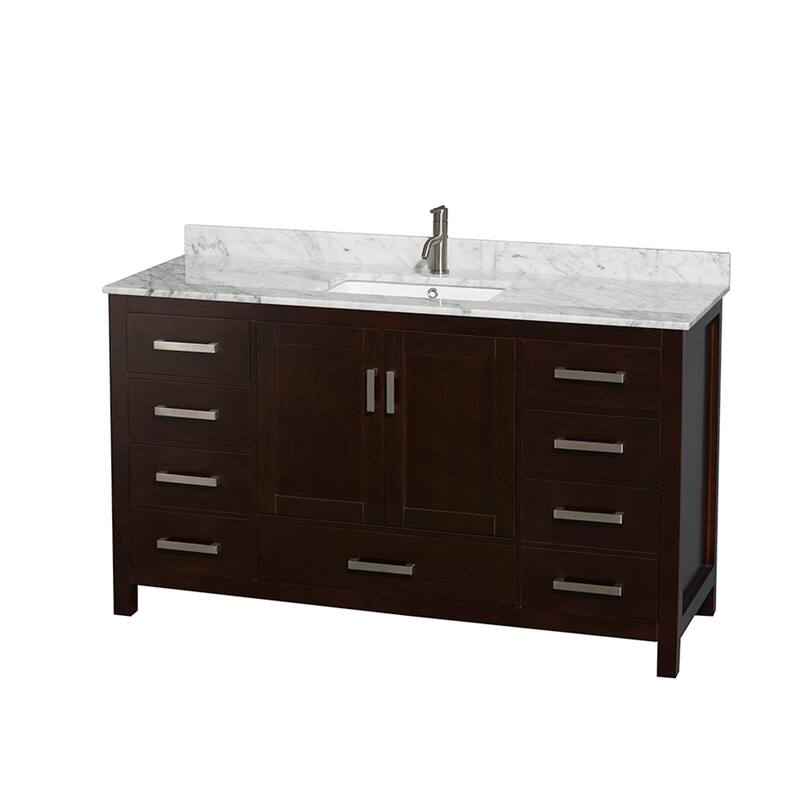 Wyndham Collection Sheffield 60" Freestanding Vanity Set with Hardwood - Espresso / White Carrara Marble Top / Brushed - Espresso Finish