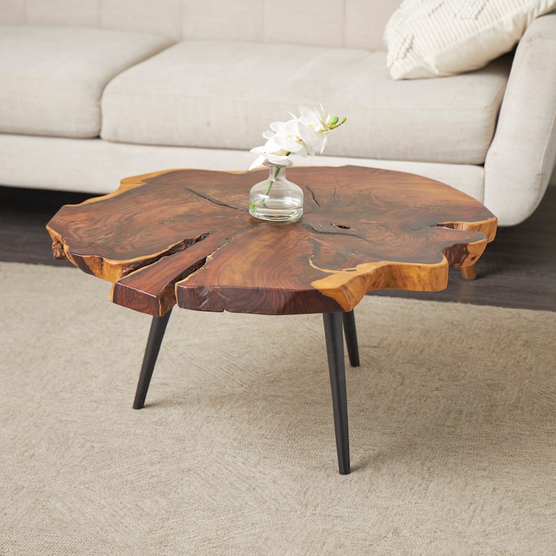 Wood Handmade Live Edge Top Coffee Table with Black Metal Tripod Legs - Brown - Roche River Decor - 38"W x 32"L x 16"H