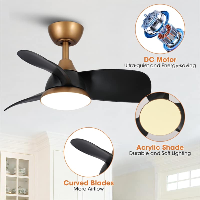 28" Black Modern Dimmable LED Ceiling Fan with Light and Remote