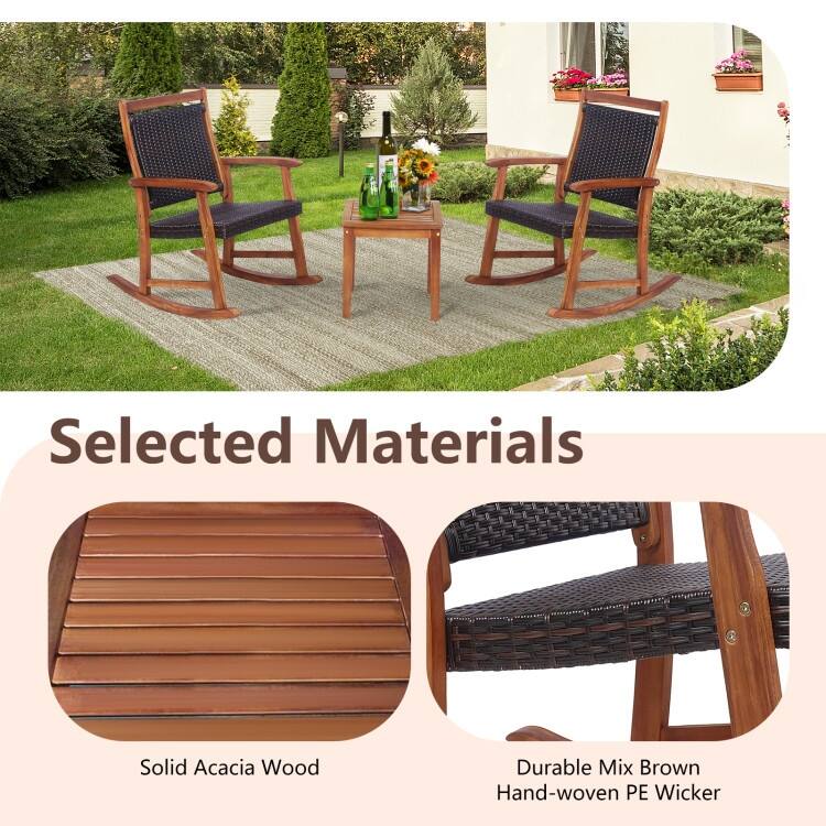 3 Pieces Acacia Wood Patio Rocking Chair Set with Side Table - 24" x 33" x 37" (L x W x H)