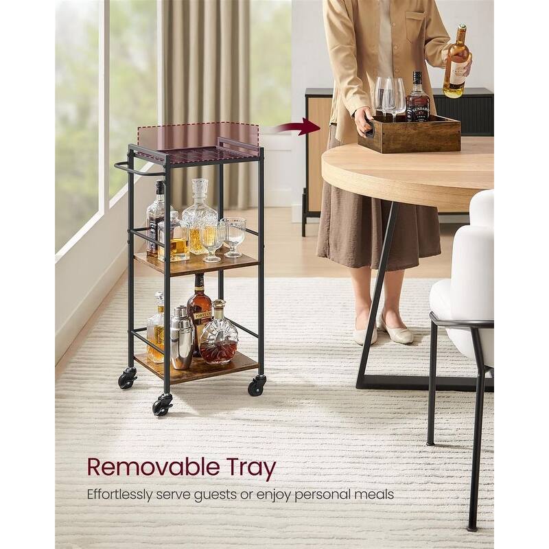 Rustic Brown Black Industrial Bar Cart with Removable Tray 3-Tier Storage and Lockable Wheels