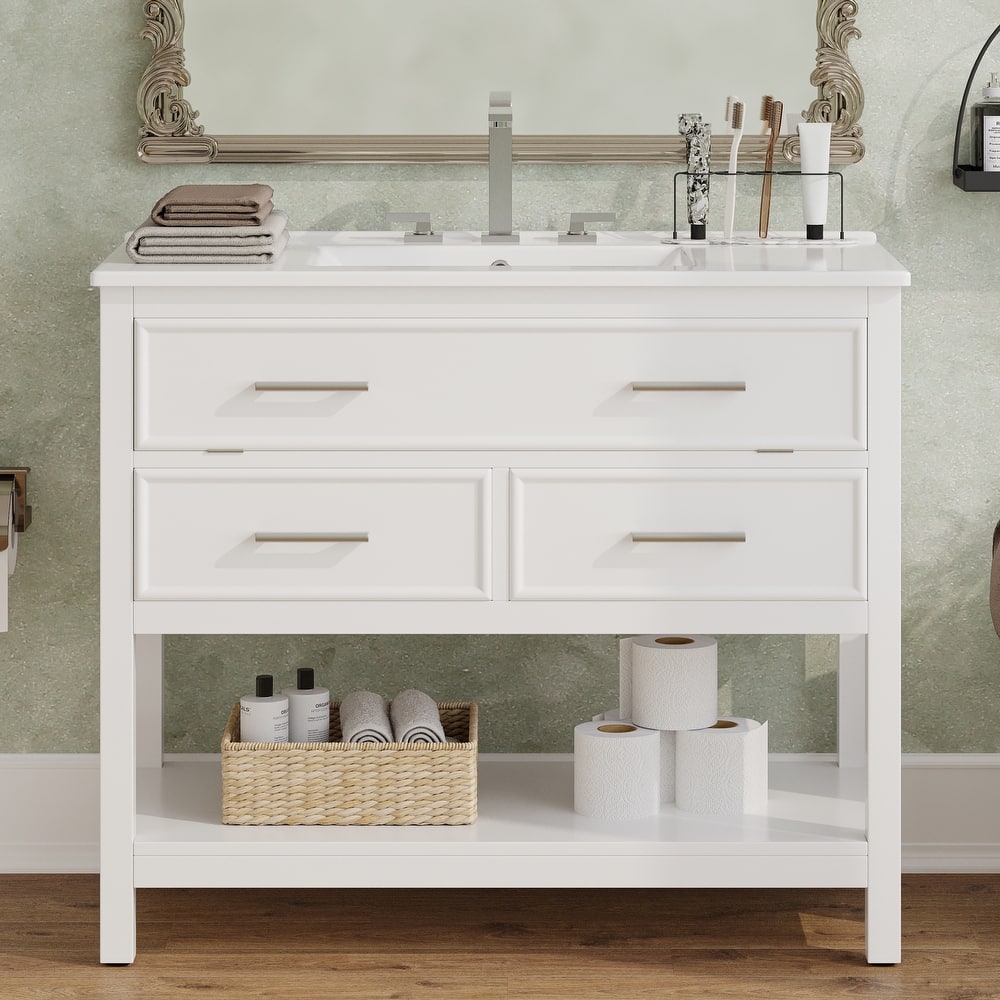 36" Bathroom Vanity with Ceramic Sink, Bathroom Vanity with Tip-Out Tray and 2 Full-Extension Drawers