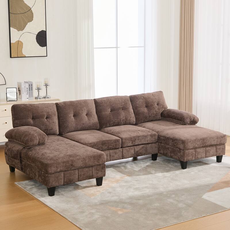 U-Shaped Modular Sectional Sofa with Dual Chaise Lounges, Chenille Fabric Cloud Couch with Storage Pockets & Armrest Pillows
