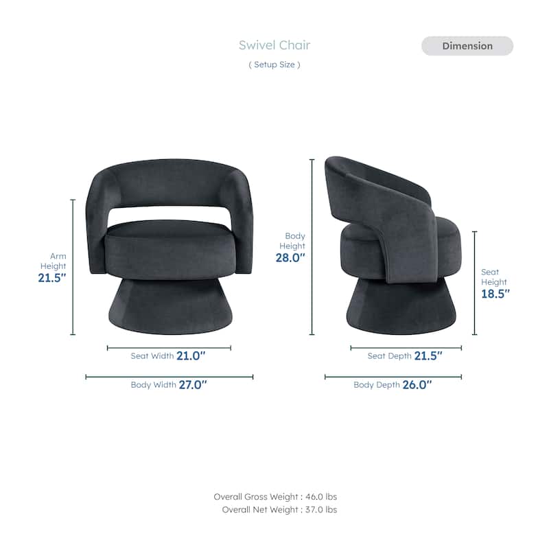 Arden 27" Velvet Swivel Chair - 360-Degree Metal Swivel Base