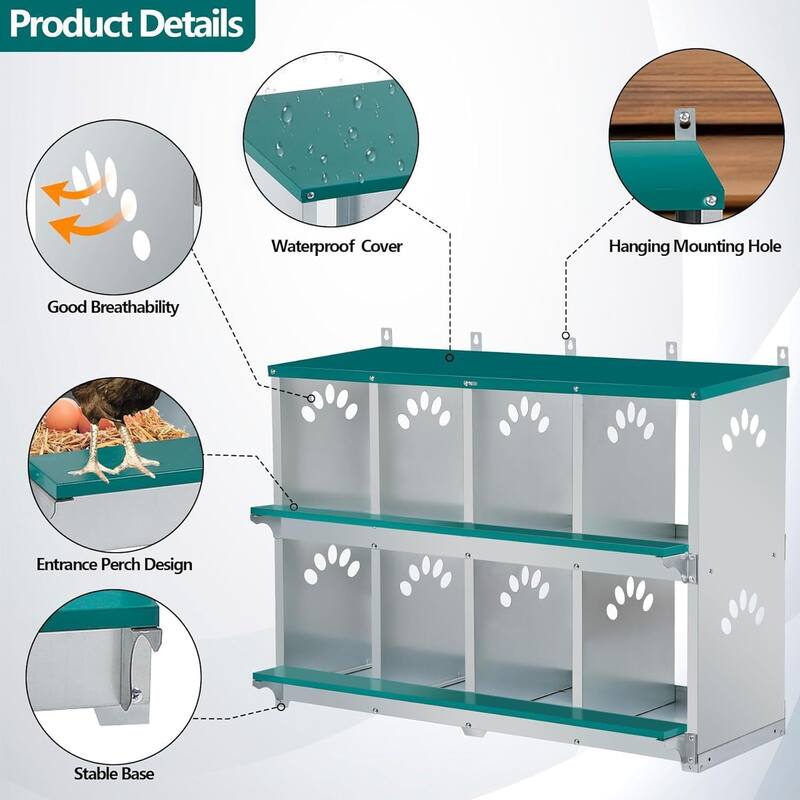 Metal Chicken Nesting Boxes for Hens with 4 Fake Eggs, 10 Soft Nest Pads - Green