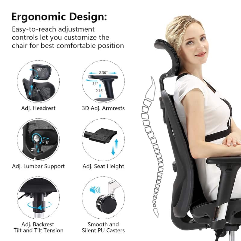 SIHOO Ergonomic Office Chair Mesh High Back Desk Chair Computer Chair,300lb, Black - 64*70*123