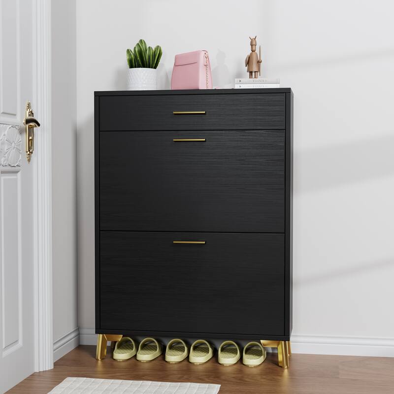 Space-Saving Shoe Organizer with Flip-Top Drawers & Hidden Shoe Rack for Hallway Storage - Black