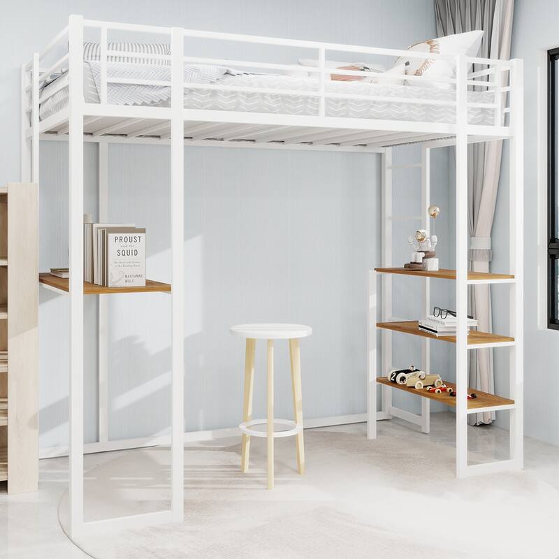 Iron High Loft Bed with Storage Shelves and Desk, Heavy Duty Metal Bed Frame with Safety Guardrail, No Box Spring Needed