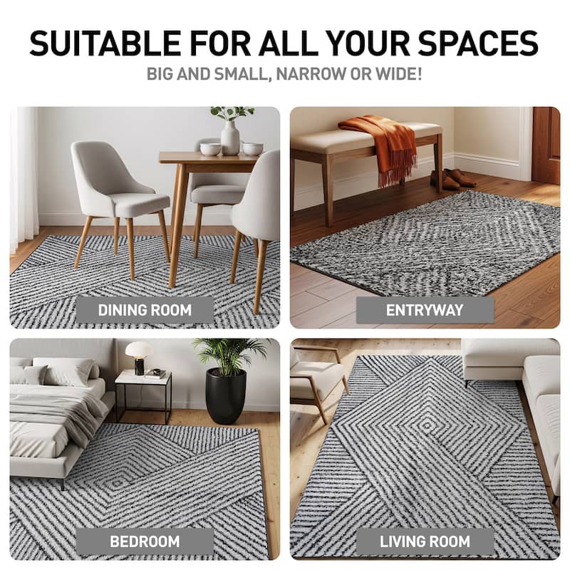 Minimal Stripe Geometric Shag Rug - Anthracite Dark Gray - Medium Pile - Cozy & Modern