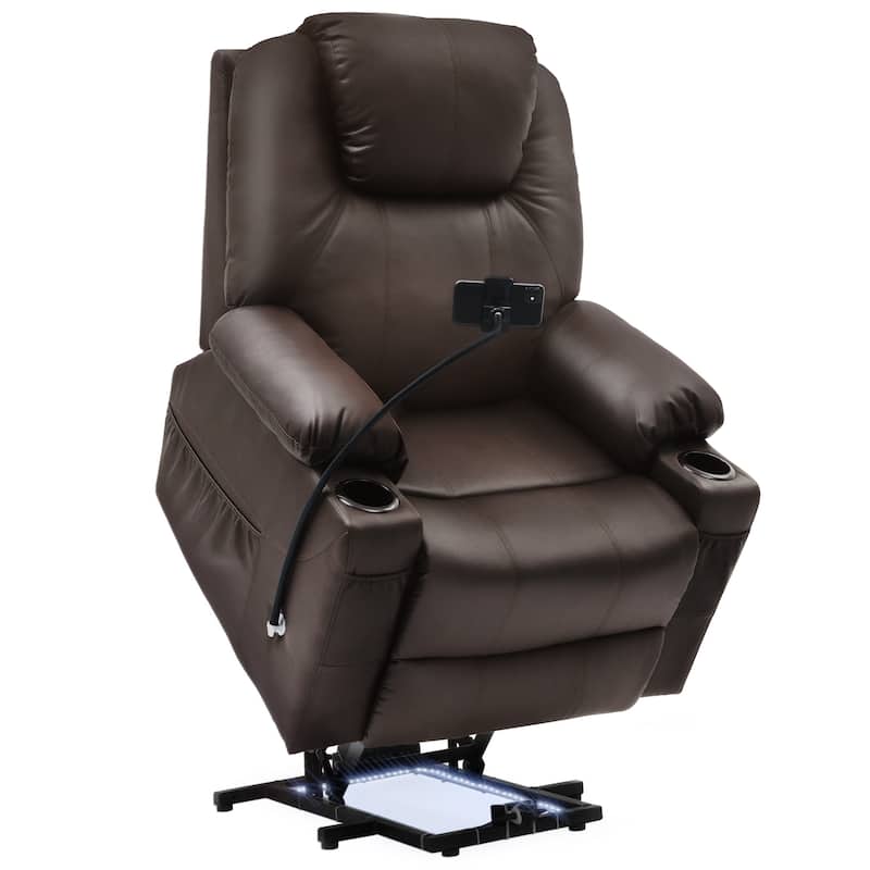 Modern Reclining Chair Fabric Massage with LED and Mobile Phone Holder - Brown