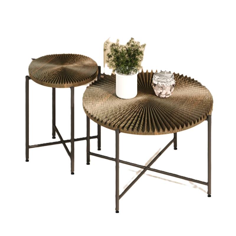 2-Piece Coffee and End Table Set - Waterproof MDF with PVC Cover, Distressed Cylindrical Design