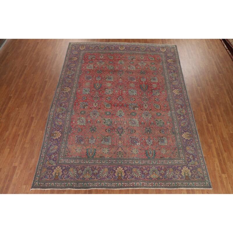 Hand Knotted Oriental 100% Wool Carpet Traditional All-Over Pink Tabriz Area Rug - 12' 8'' X 9' 8''