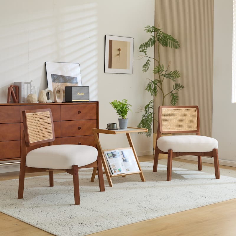 Modern Beige Lounge Chair with Woven Backrest, Sturdy Wooden Frame, Minimalist and Elegant Accent Seating