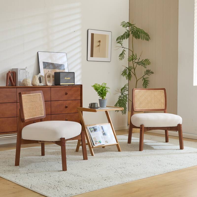 Roomfitters Modern Lounge Chair with Woven Backrest, Wooden Frame, Minimalist Accent Seating, Beige Walnut, Set of 2