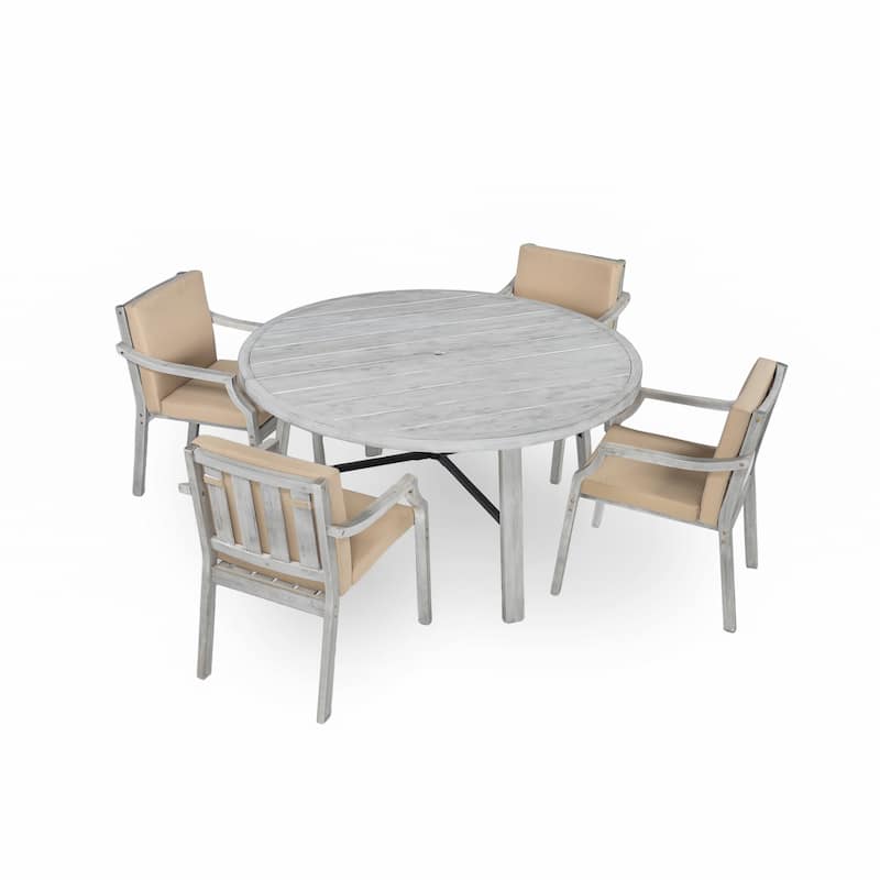 5-Piece Acacia Wood Round Patio Dining Set with Umbrella Hole & Cushioned Chairs